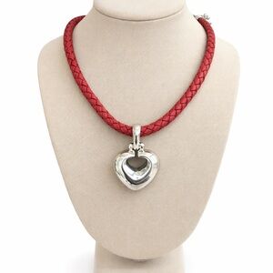 Esposito 925 Sterling Silver Heart Pendant Red Braided Leather Necklace